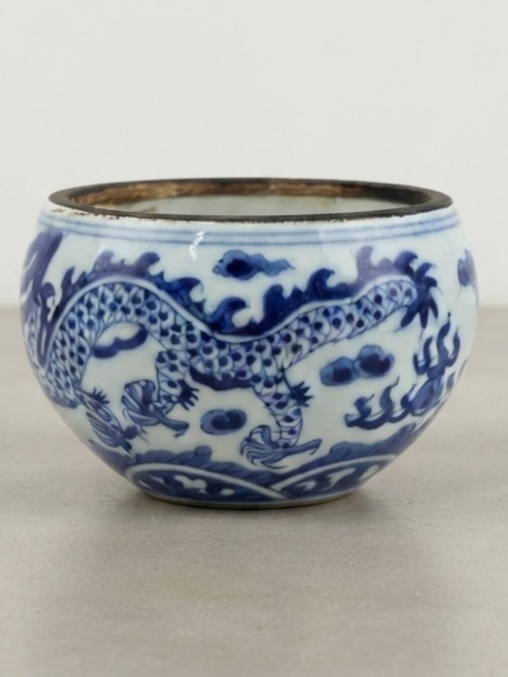 Old Chinese Blue White Porcelain Dragon Brush Washer Censer Bowl Metal Rim 5.5"